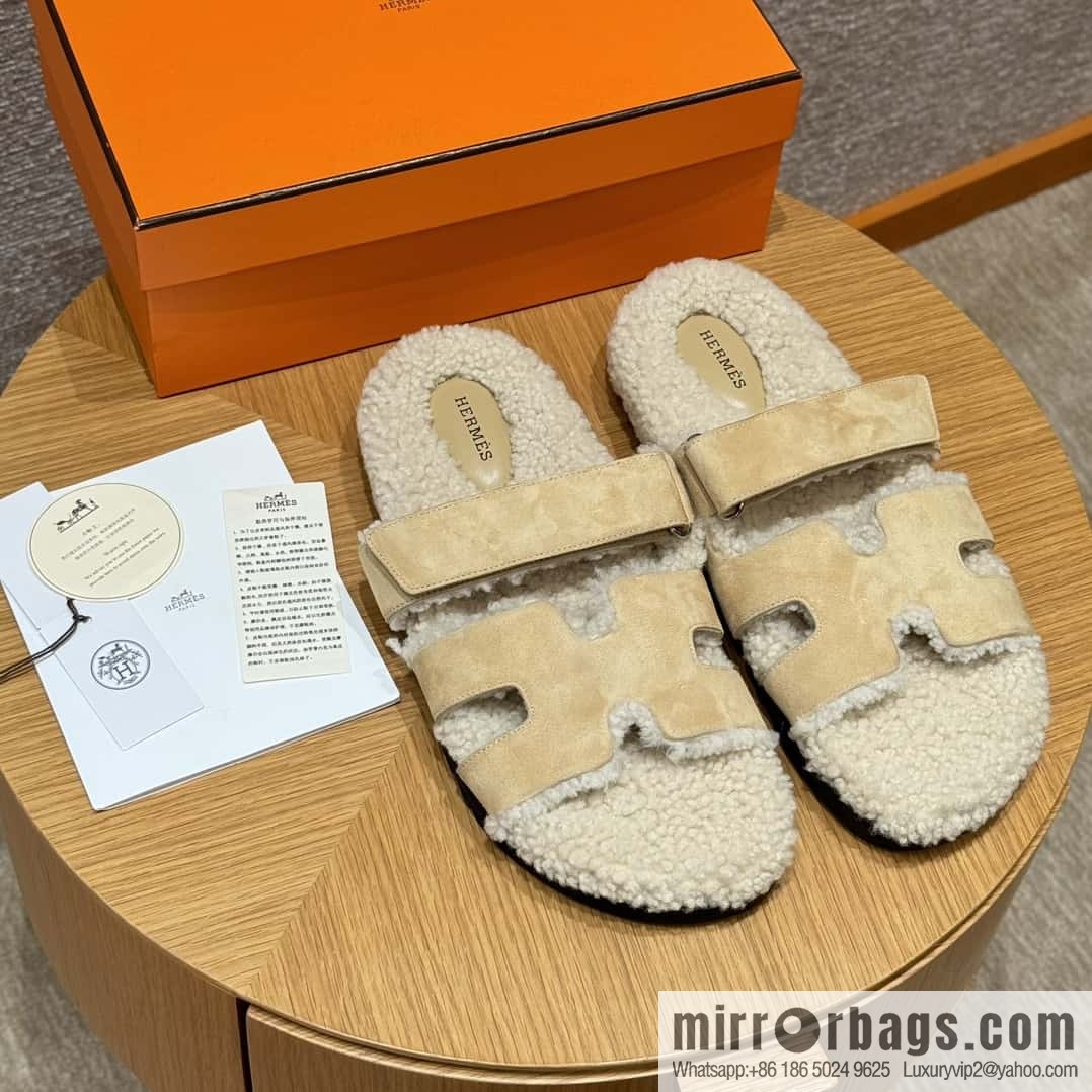 HERMES 180 Chypre men's lamb wool, marble beige/Cream-coloured suede/Chamois/woolskin