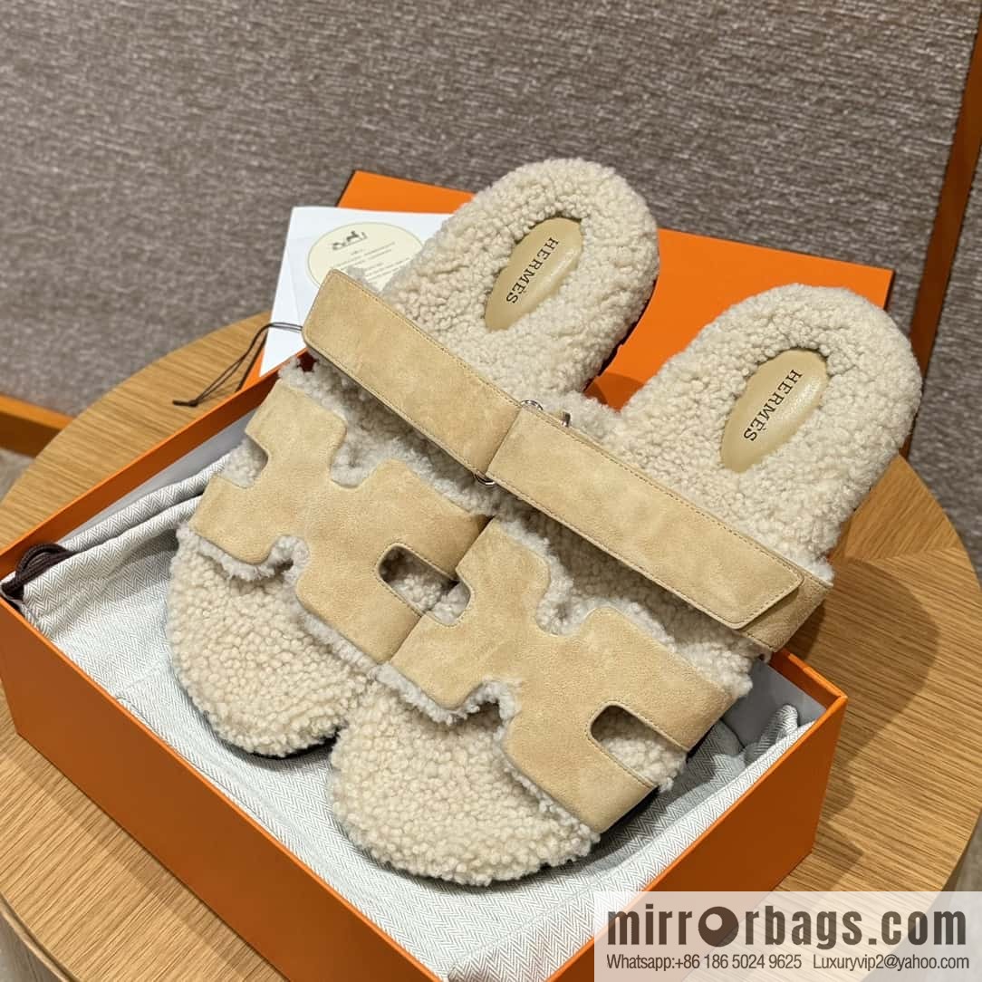 HERMES 180 Chypre men's lamb wool, marble beige/Cream-coloured suede/Chamois/woolskin