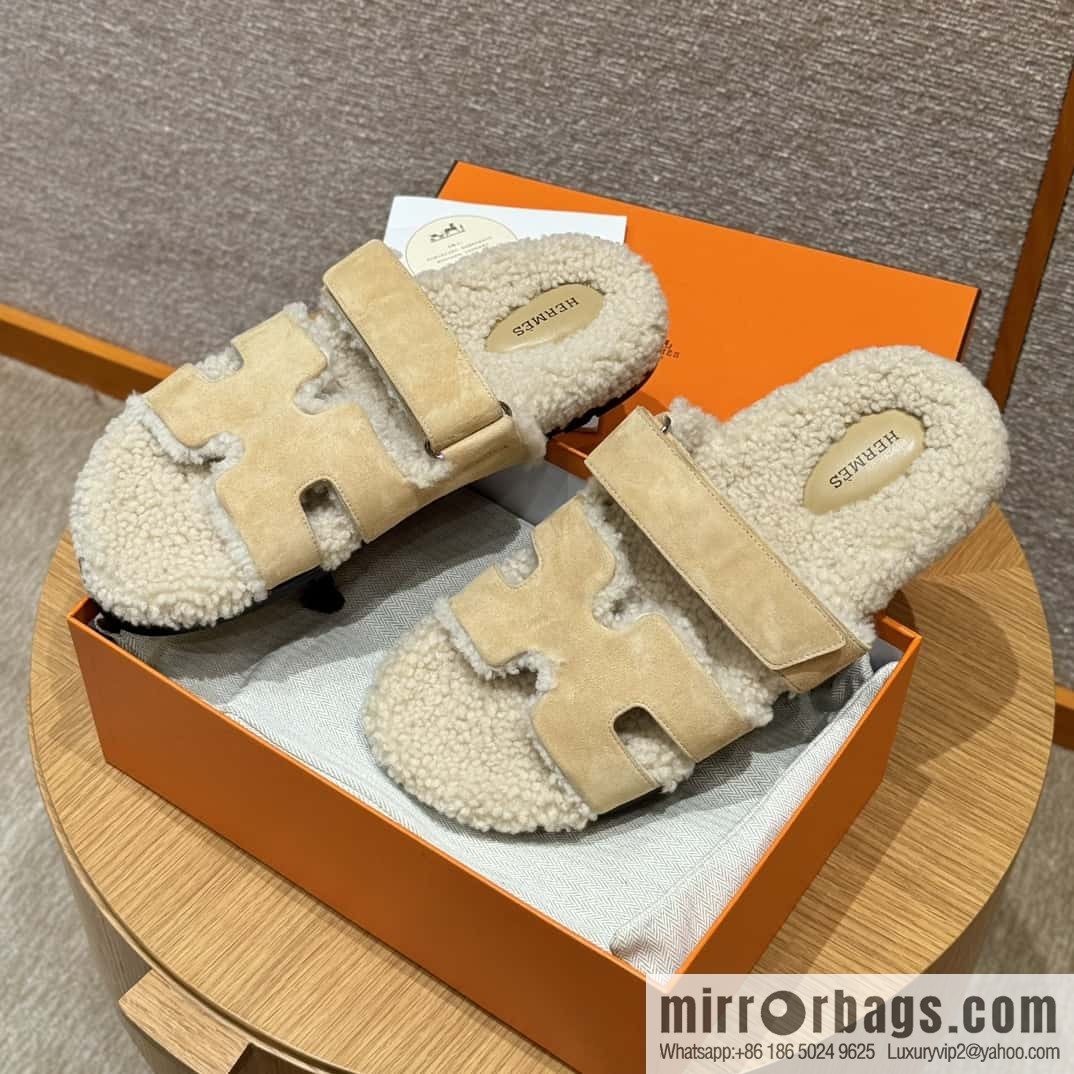 HERMES 180 Chypre men's lamb wool, marble beige/Cream-coloured suede/Chamois/woolskin