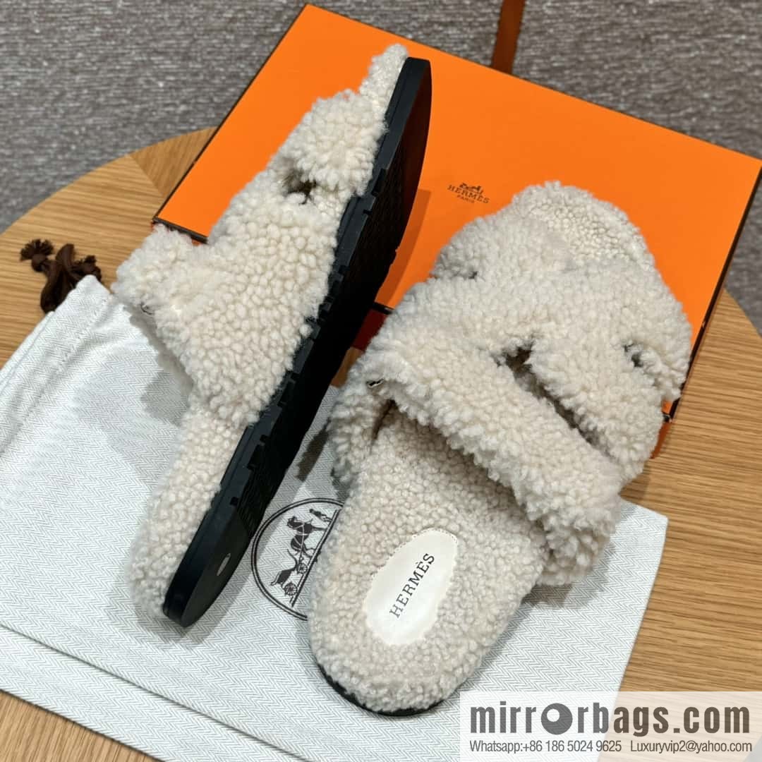 HERMES 180 CHYPRE SANDAL uncle shoes, white/Blanc wool/woolskin