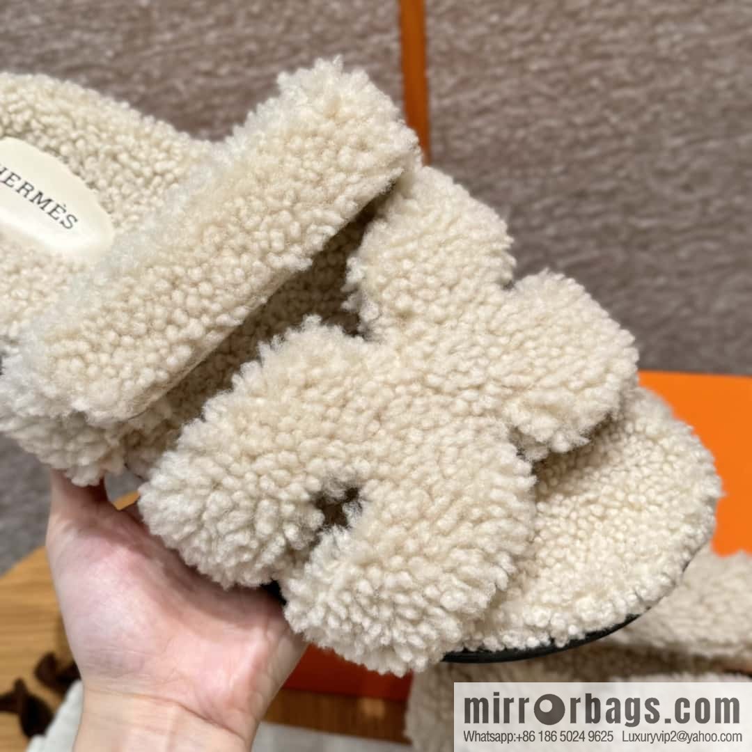 HERMES 180 CHYPRE SANDAL uncle shoes, white/Blanc wool/woolskin