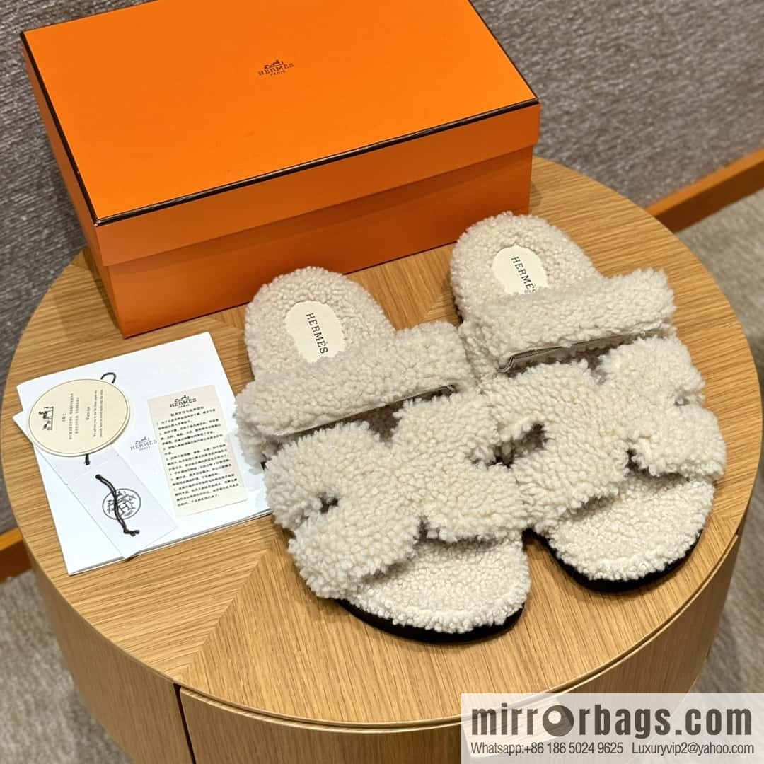 HERMES 180 CHYPRE SANDAL uncle shoes, white/Blanc wool/woolskin