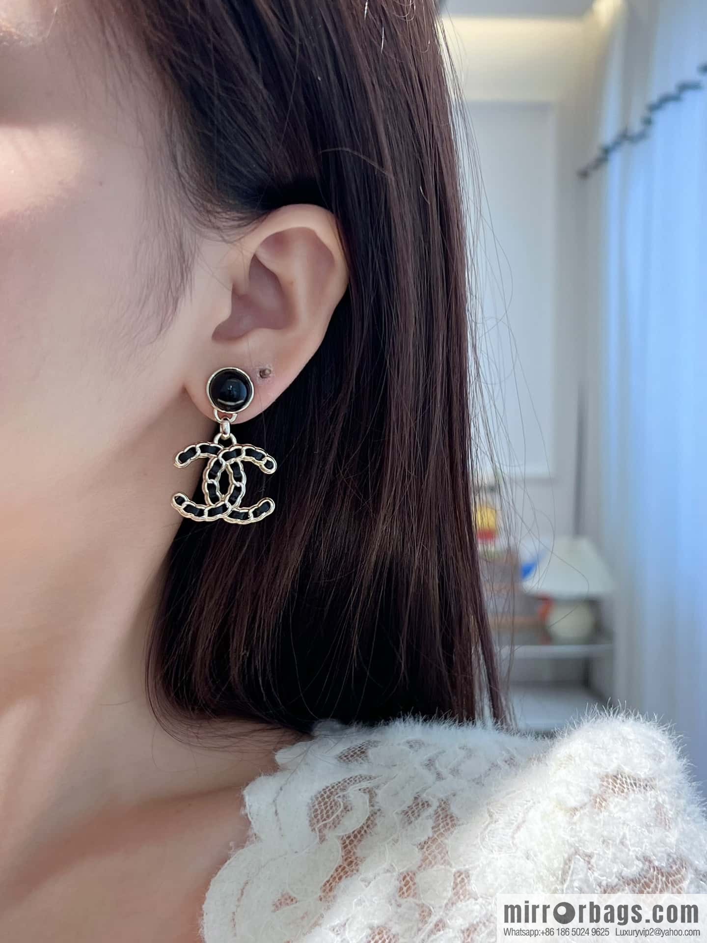 ❗️New ❗️ ☀️ new ☑️ Chanel c2 double c black leather rope stud earrings ☀️