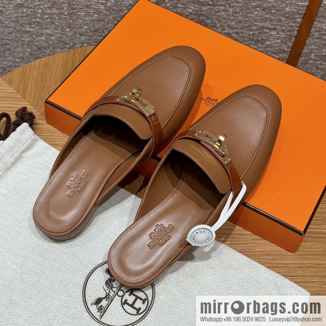 HERMES 188 OZ mules half trailers, golden brown/37/Gold goatskin with crocodile strap/goatskin/crocodile