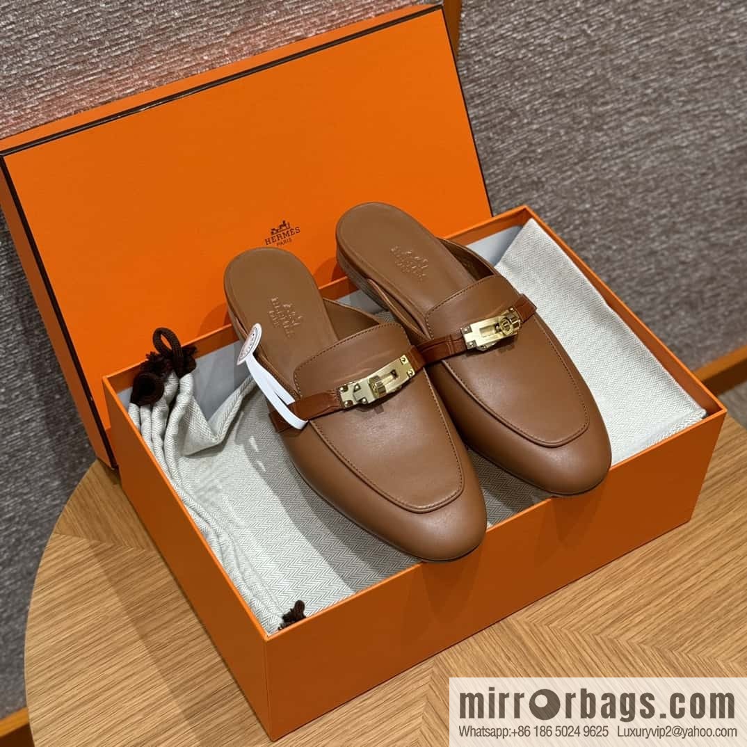 HERMES 188 OZ mules half trailers, golden brown/37/Gold goatskin with crocodile strap/goatskin/crocodile