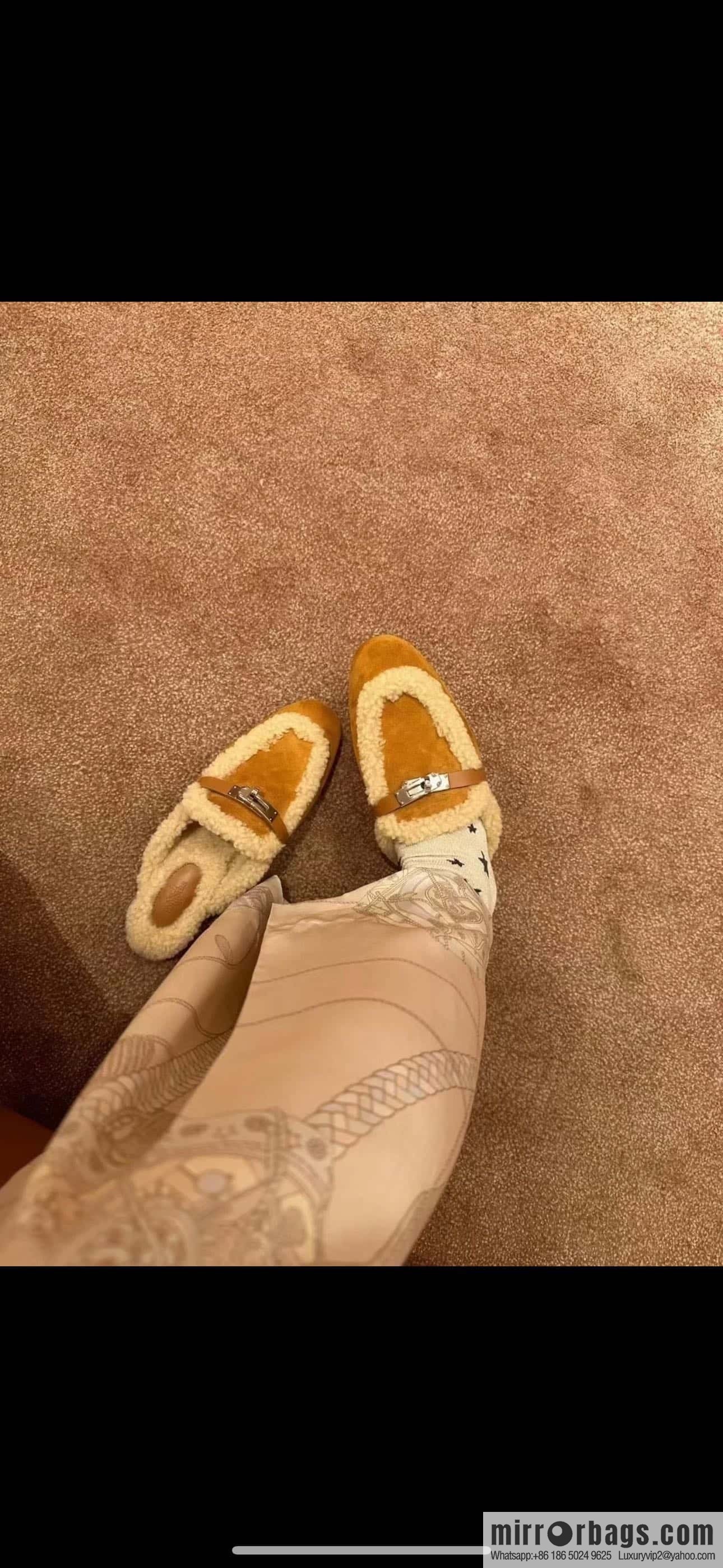 HERMES 188 Oz Mule shoes, natural/light beige/Naturel/Ecru wool/Woolskin/suede/Chamois leather