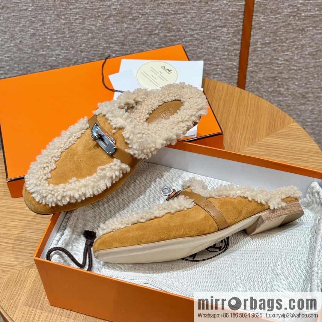 HERMES 188 Oz Mule shoes, natural/light beige/Naturel/Ecru wool/Woolskin/suede/Chamois leather