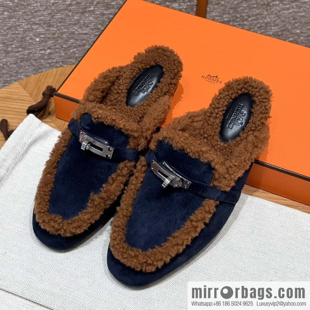 HERMES 188 Oz Mule, Navy/Marine/Gold/Gold Woolskin/Calfskin