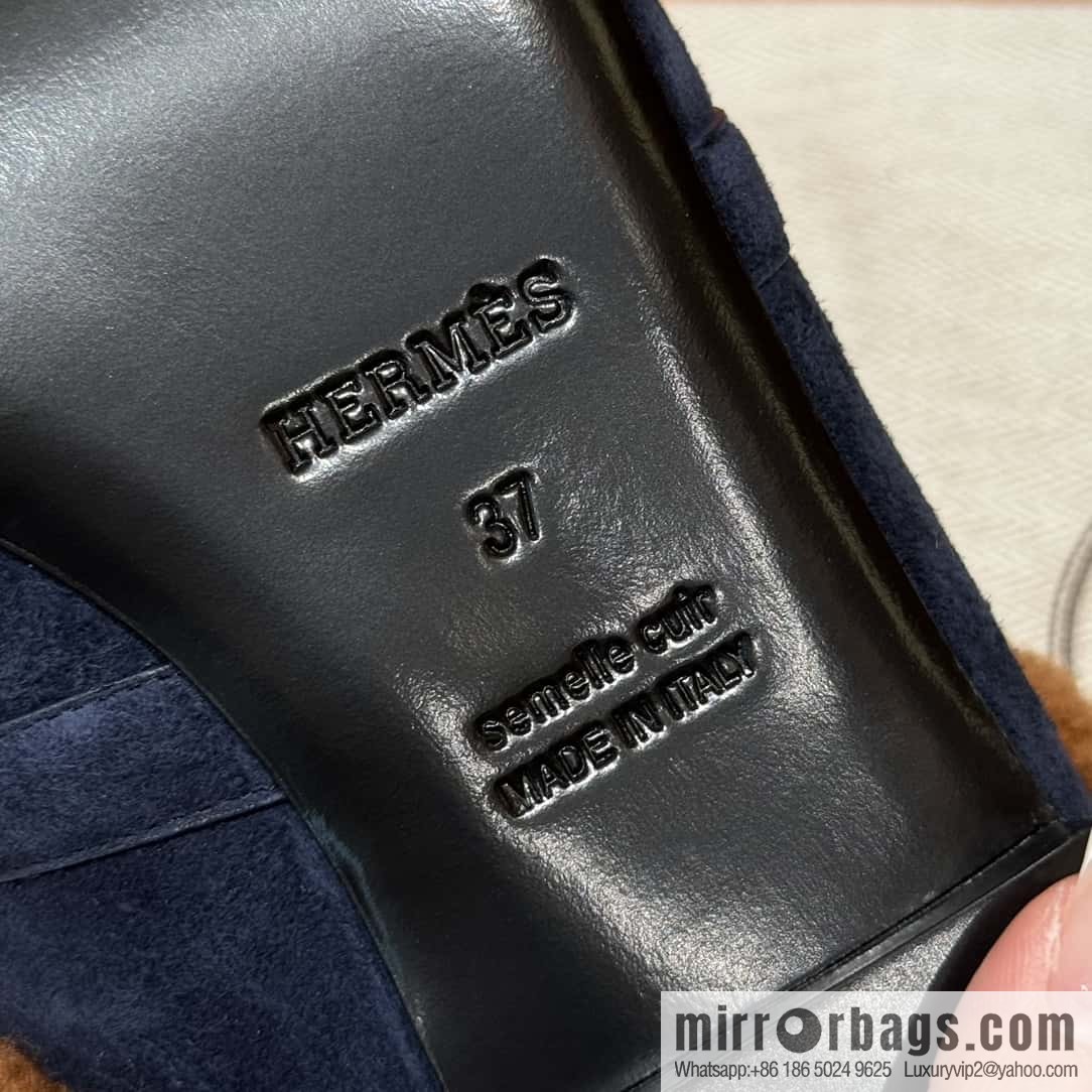 HERMES 188 Oz Mule, Navy/Marine/Gold/Gold Woolskin/Calfskin