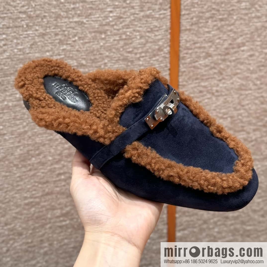 HERMES 188 Oz Mule, Navy/Marine/Gold/Gold Woolskin/Calfskin