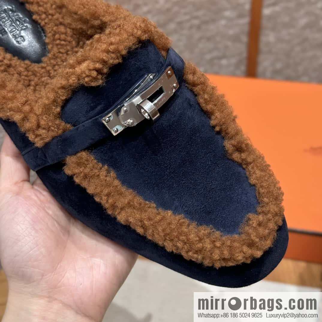 HERMES 188 Oz Mule, Navy/Marine/Gold/Gold Woolskin/Calfskin