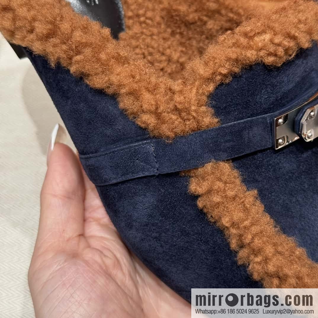 HERMES 188 Oz Mule, Navy/Marine/Gold/Gold Woolskin/Calfskin
