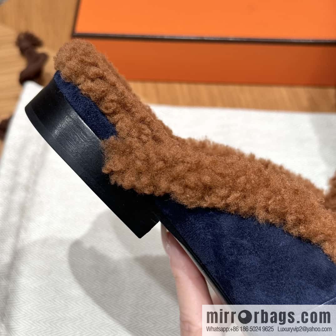 HERMES 188 Oz Mule, Navy/Marine/Gold/Gold Woolskin/Calfskin