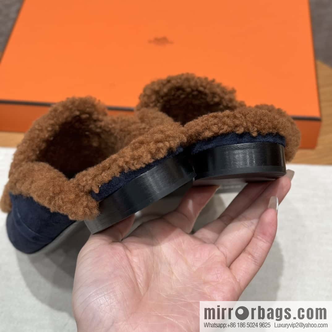 HERMES 188 Oz Mule, Navy/Marine/Gold/Gold Woolskin/Calfskin