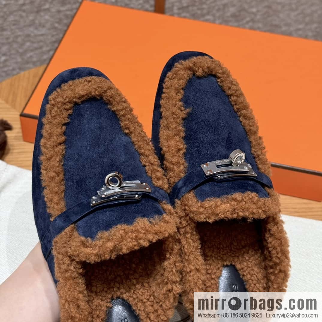 HERMES 188 Oz Mule, Navy/Marine/Gold/Gold Woolskin/Calfskin