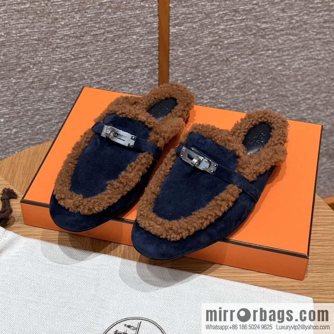 HERMES 188 Oz Mule, Navy/Marine/Gold/Gold Woolskin/Calfskin