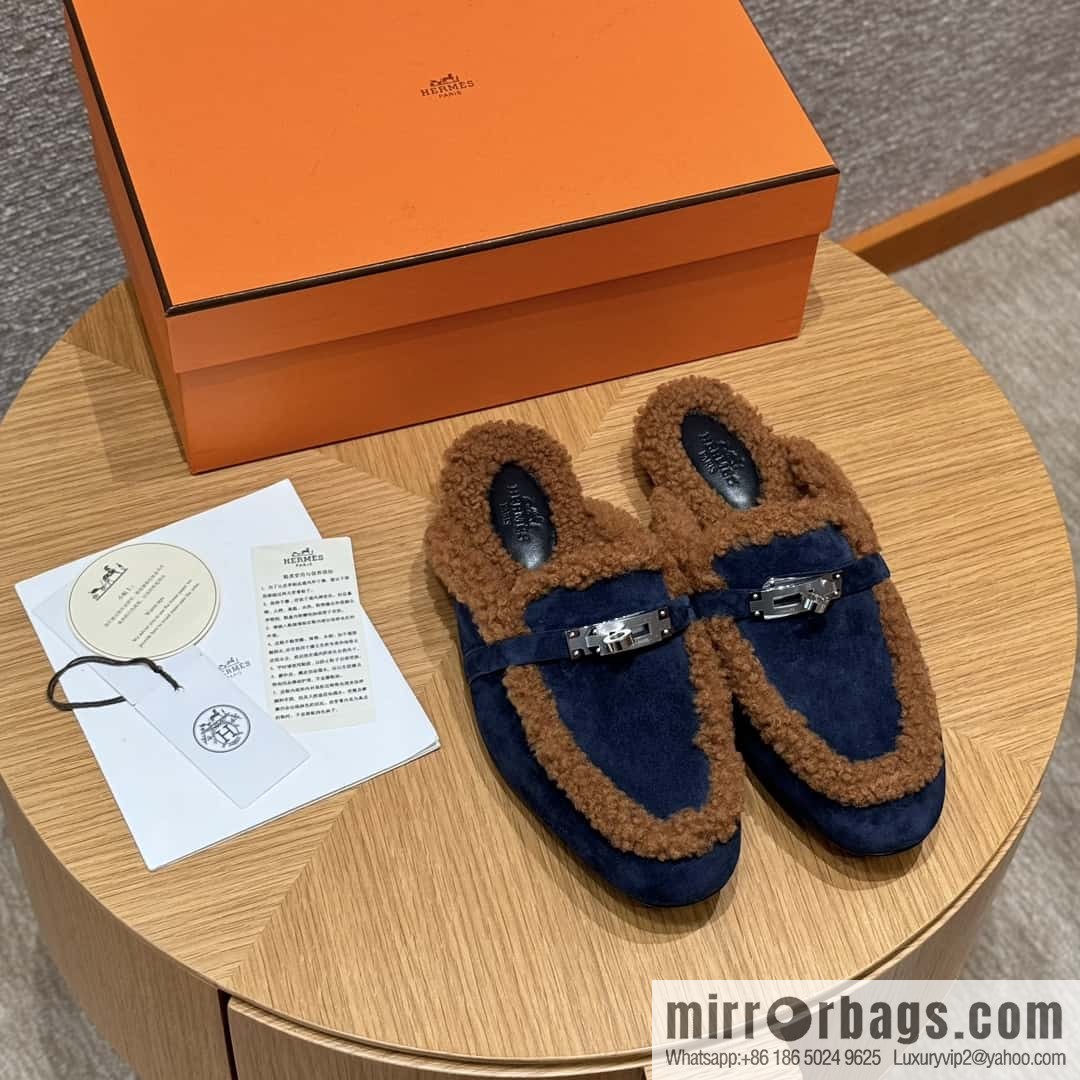 HERMES 188 Oz Mule, Navy/Marine/Gold/Gold Woolskin/Calfskin