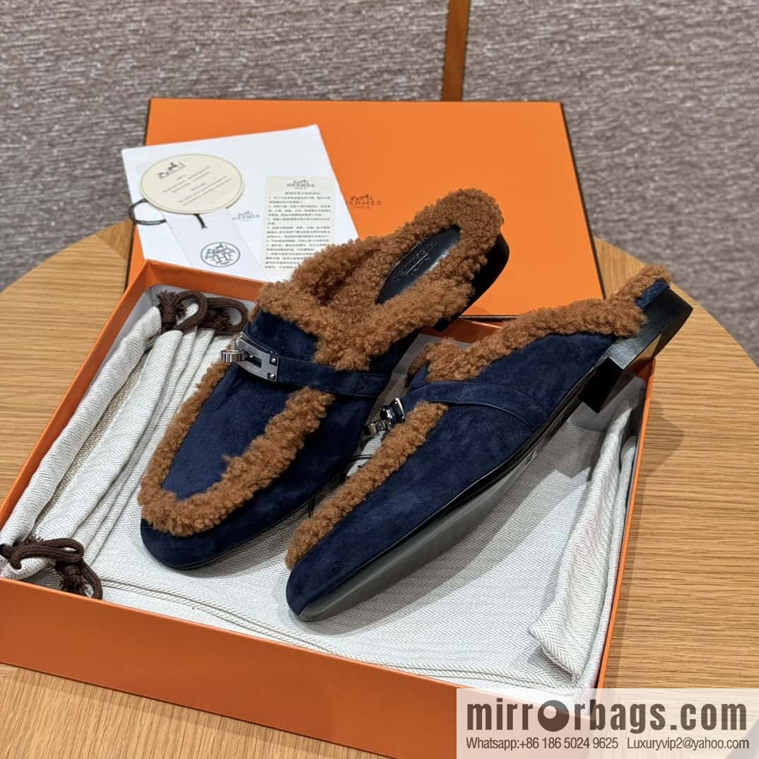 HERMES 188 Oz Mule, Navy/Marine/Gold/Gold Woolskin/Calfskin