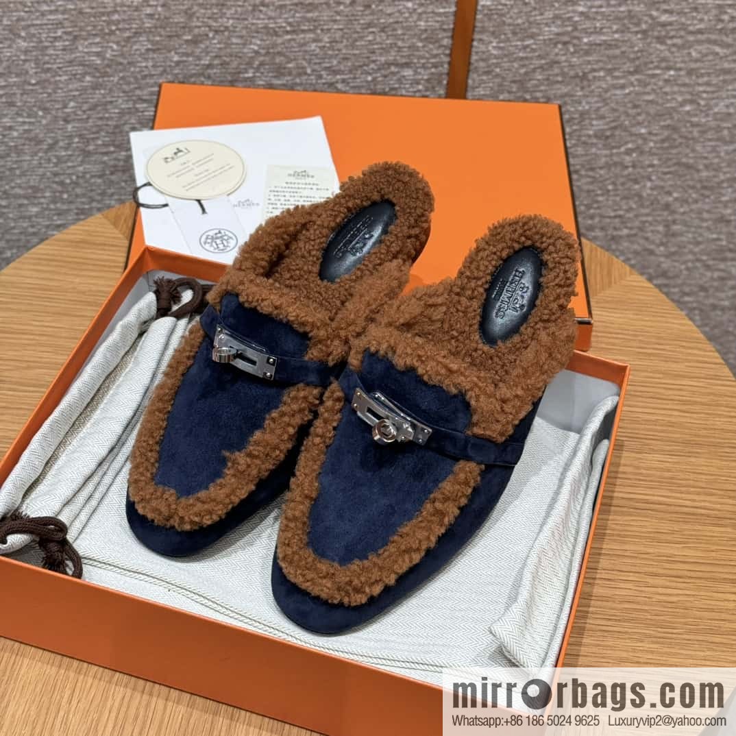 HERMES 188 Oz Mule, Navy/Marine/Gold/Gold Woolskin/Calfskin