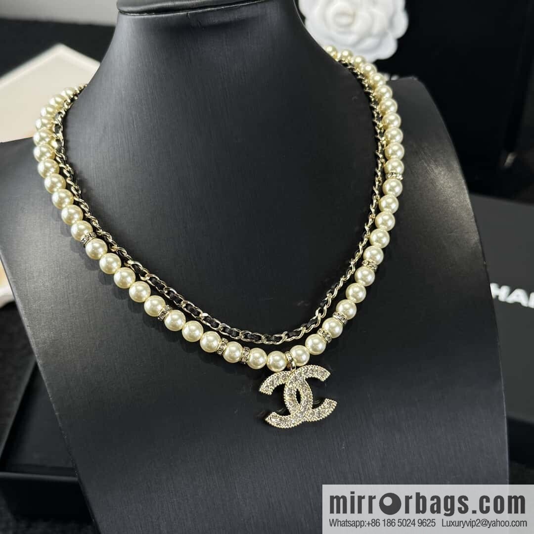 ☀️New ☑️ Chanel Double C Double Pearl Black Leather Rope Necklace