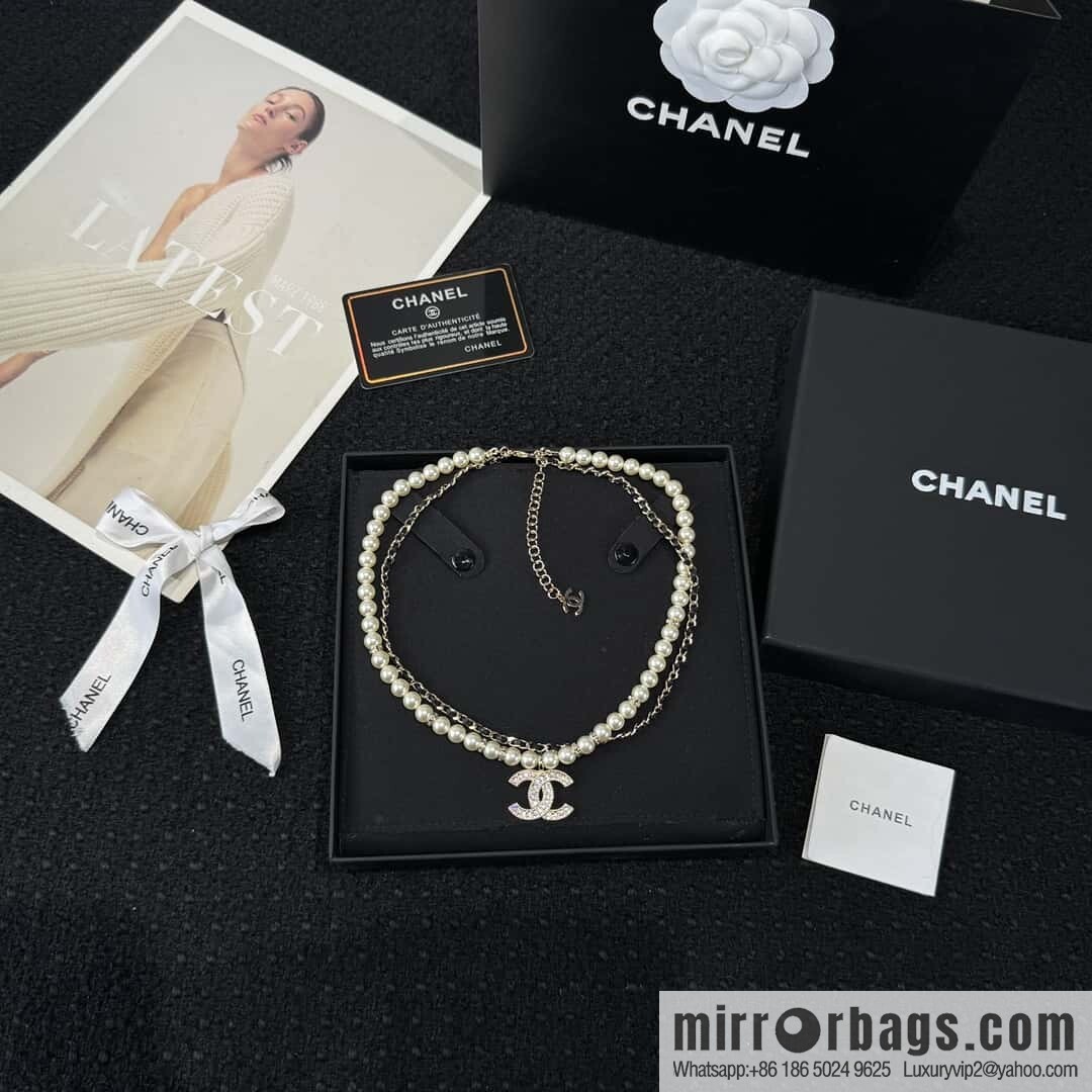 ☀️New ☑️ Chanel Double C Double Pearl Black Leather Rope Necklace