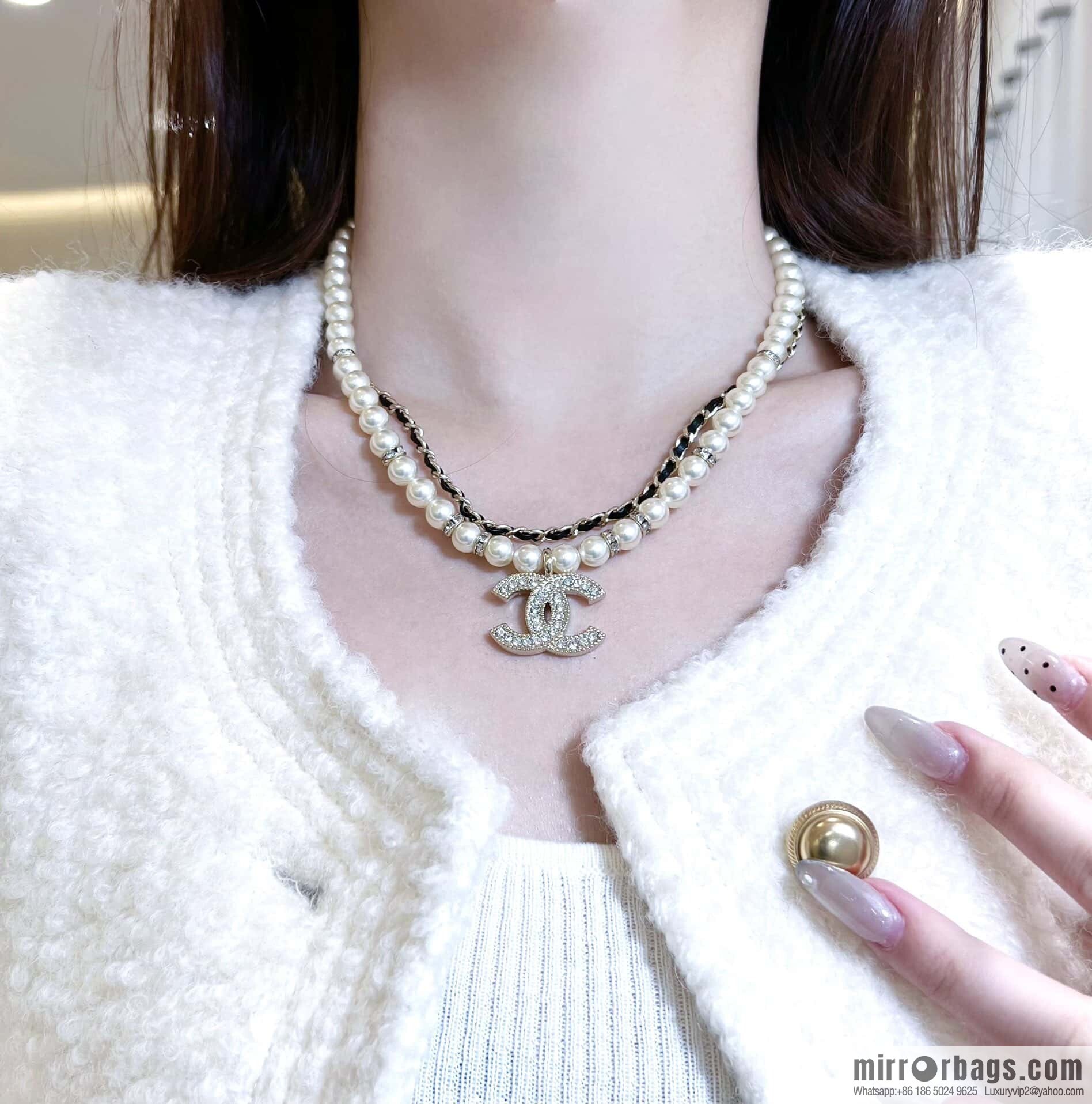 ☀️New ☑️ Chanel Double C Double Pearl Black Leather Rope Necklace
