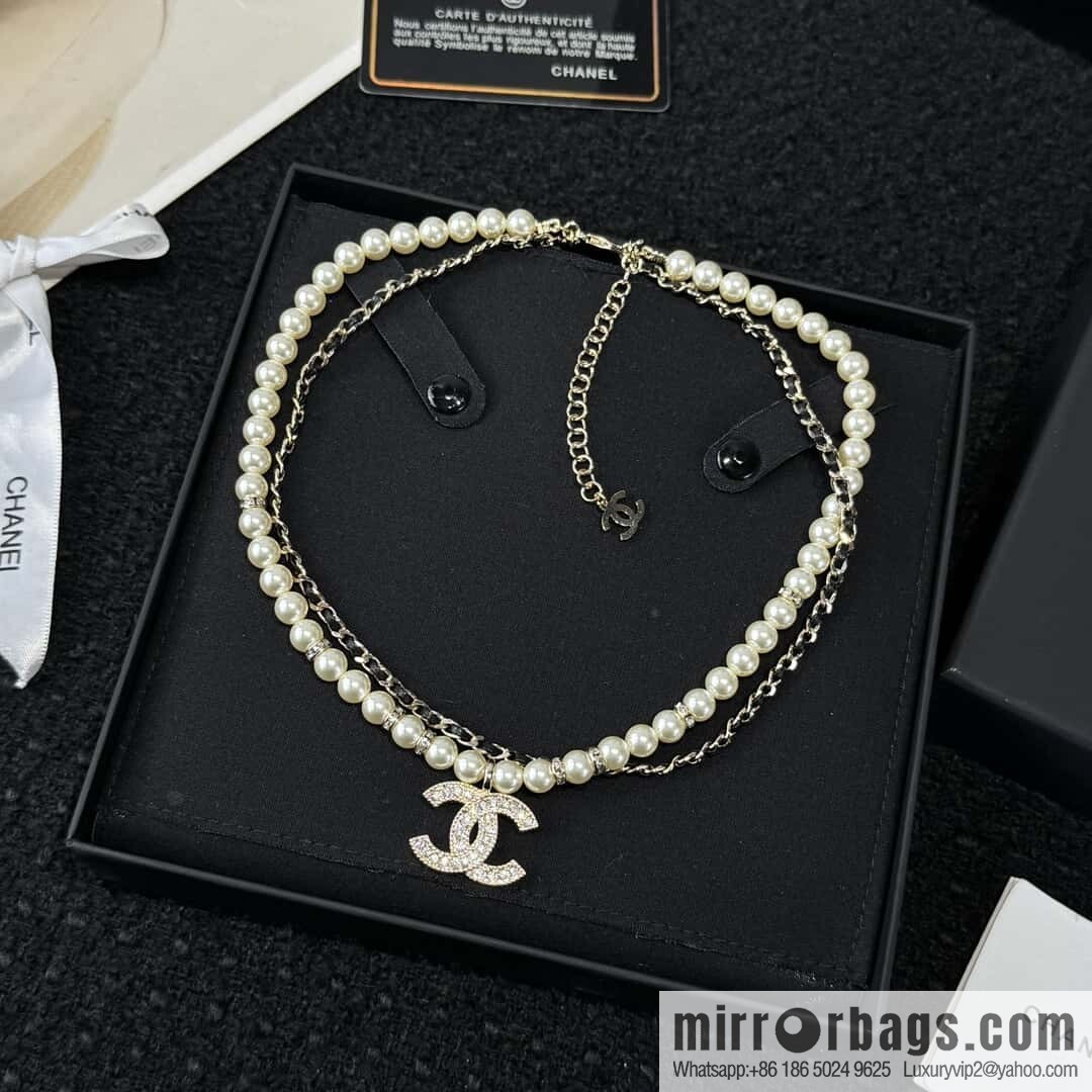☀️New ☑️ Chanel Double C Double Pearl Black Leather Rope Necklace