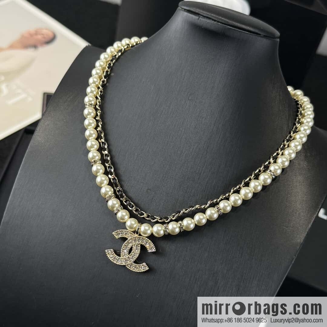 ☀️New ☑️ Chanel Double C Double Pearl Black Leather Rope Necklace