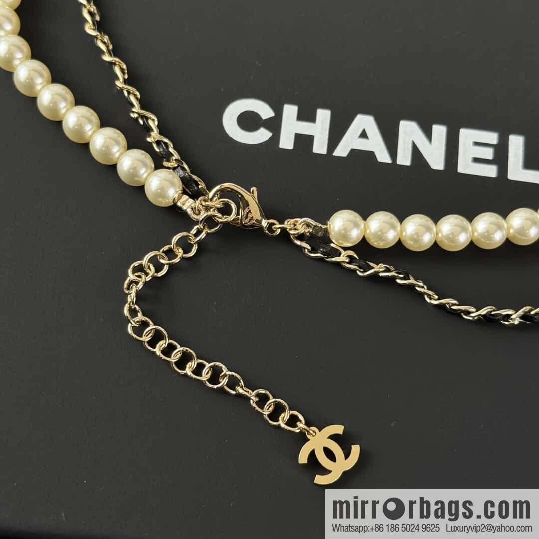 ☀️New ☑️ Chanel Double C Double Pearl Black Leather Rope Necklace