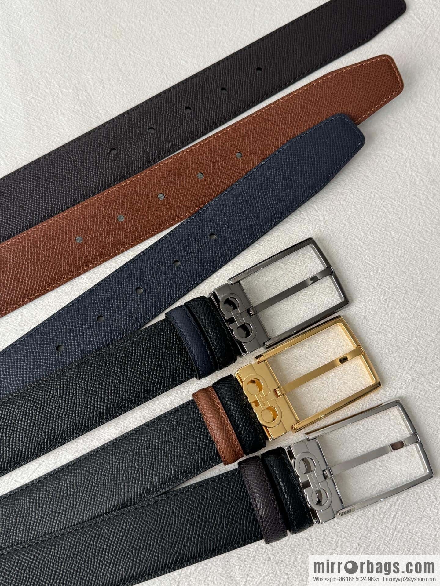 Ferragamo double-sided double-use imported cowhide cross texture, new logo pin-type metal buckle belt 3.5cm