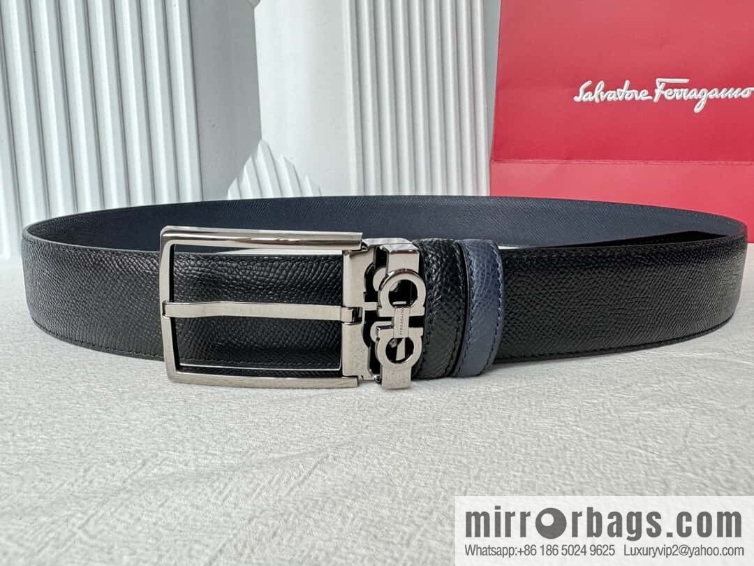 Ferragamo double-sided double-use imported cowhide cross texture, new logo pin-type metal buckle belt 3.5cm