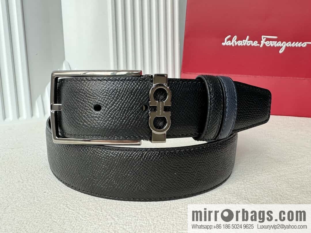 Ferragamo double-sided double-use imported cowhide cross texture, new logo pin-type metal buckle belt 3.5cm