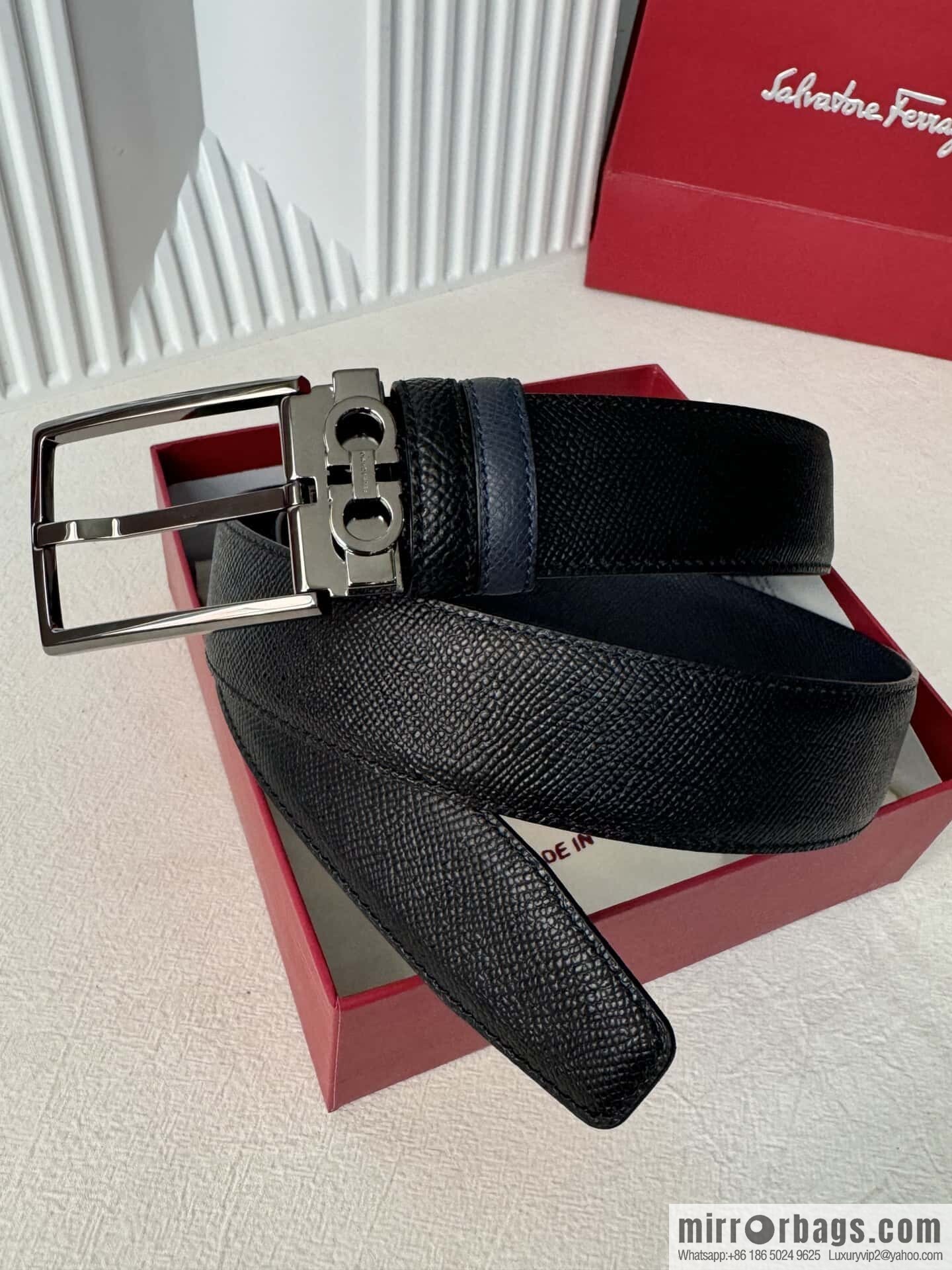 Ferragamo double-sided double-use imported cowhide cross texture, new logo pin-type metal buckle belt 3.5cm