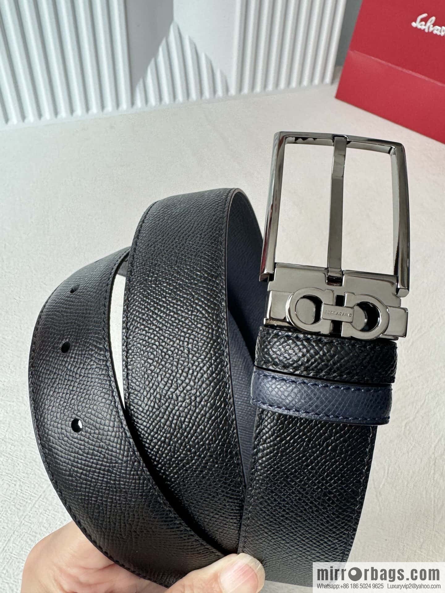 Ferragamo double-sided double-use imported cowhide cross texture, new logo pin-type metal buckle belt 3.5cm