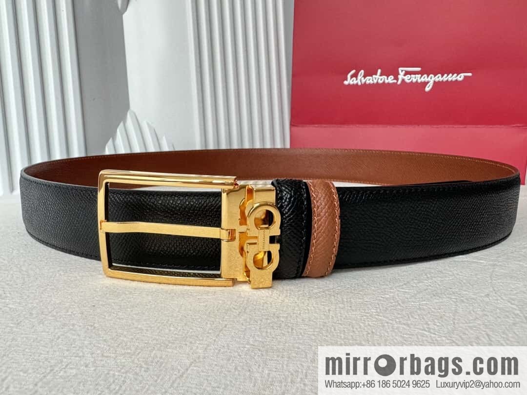 Ferragamo double-sided double-use imported cowhide cross texture, new logo pin-type metal buckle belt 3.5cm
