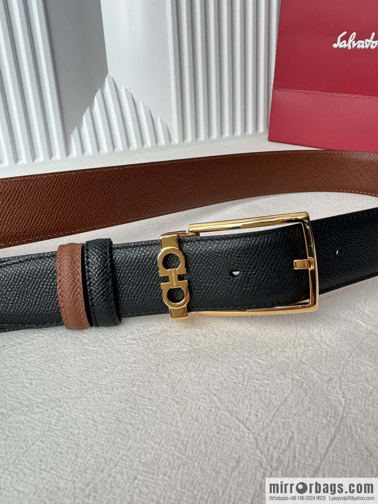 Ferragamo double-sided double-use imported cowhide cross texture, new logo pin-type metal buckle belt 3.5cm