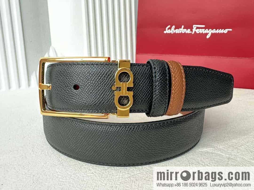Ferragamo double-sided double-use imported cowhide cross texture, new logo pin-type metal buckle belt 3.5cm
