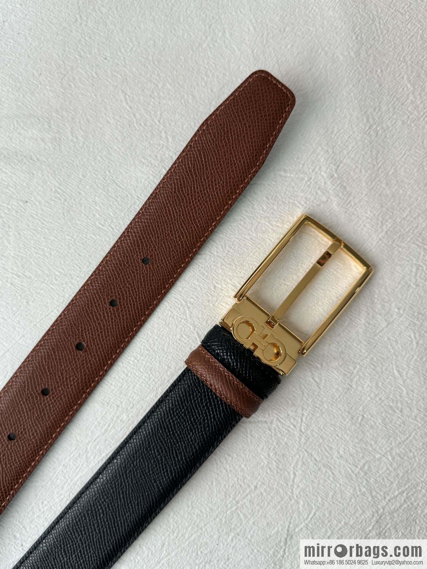 Ferragamo double-sided double-use imported cowhide cross texture, new logo pin-type metal buckle belt 3.5cm