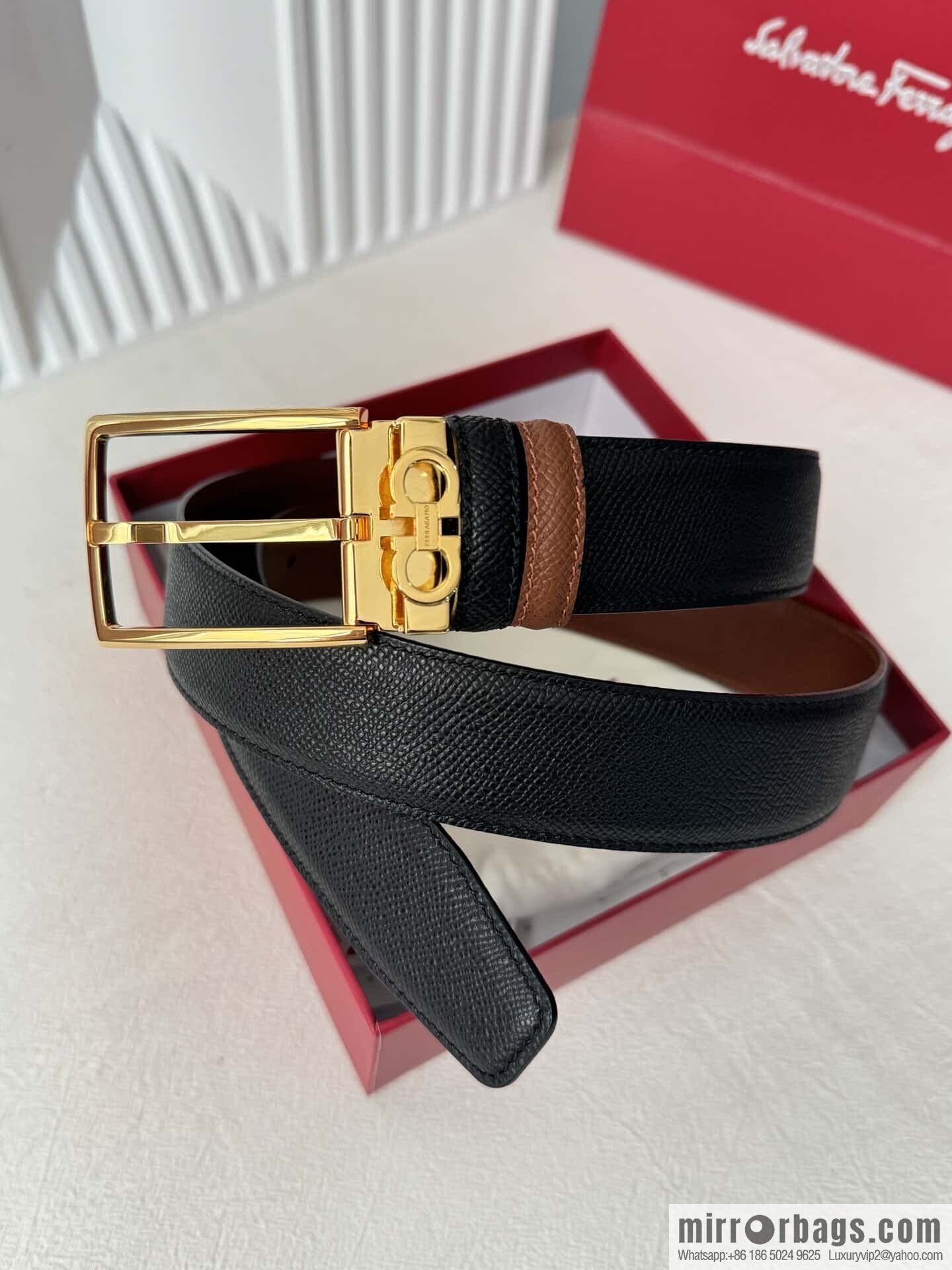 Ferragamo double-sided double-use imported cowhide cross texture, new logo pin-type metal buckle belt 3.5cm