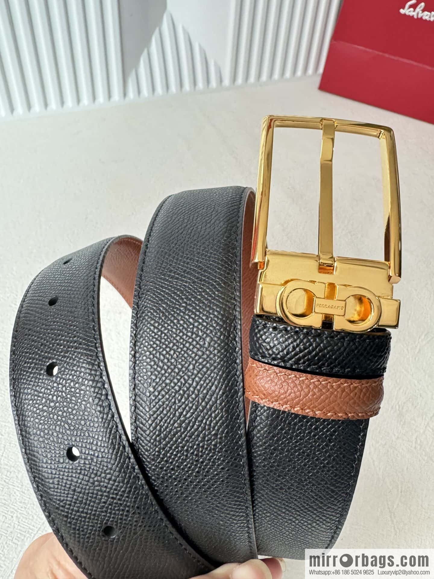 Ferragamo double-sided double-use imported cowhide cross texture, new logo pin-type metal buckle belt 3.5cm