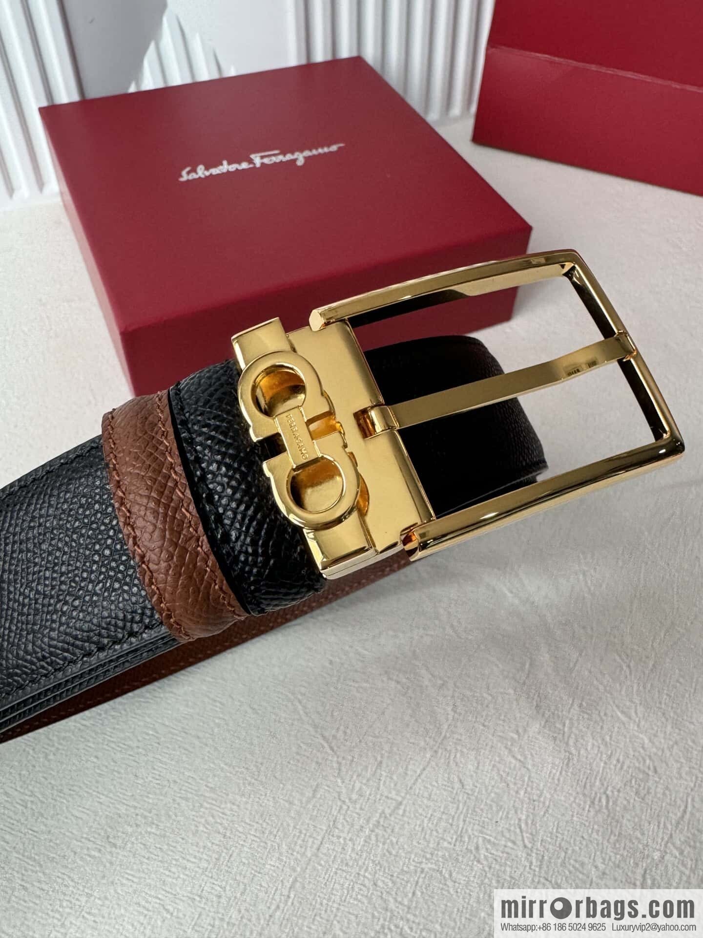 Ferragamo double-sided double-use imported cowhide cross texture, new logo pin-type metal buckle belt 3.5cm