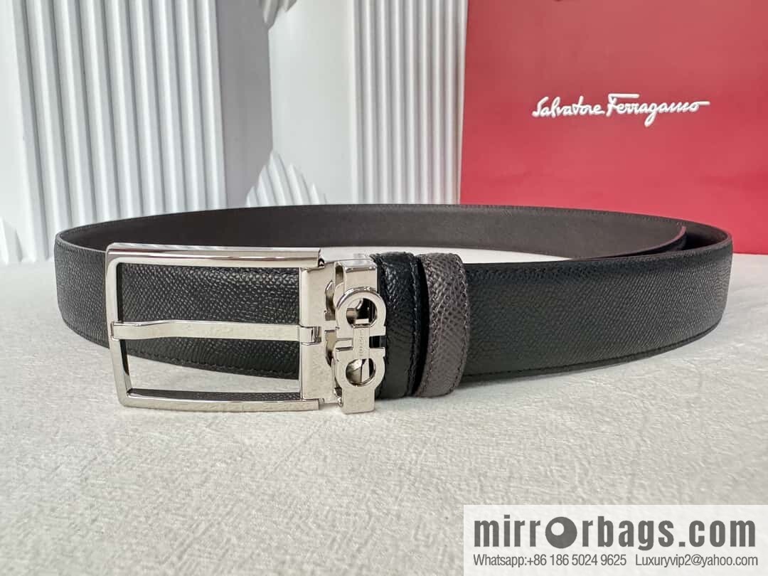 Ferragamo double-sided double-use imported cowhide cross texture, new logo pin-type metal buckle belt 3.5cm