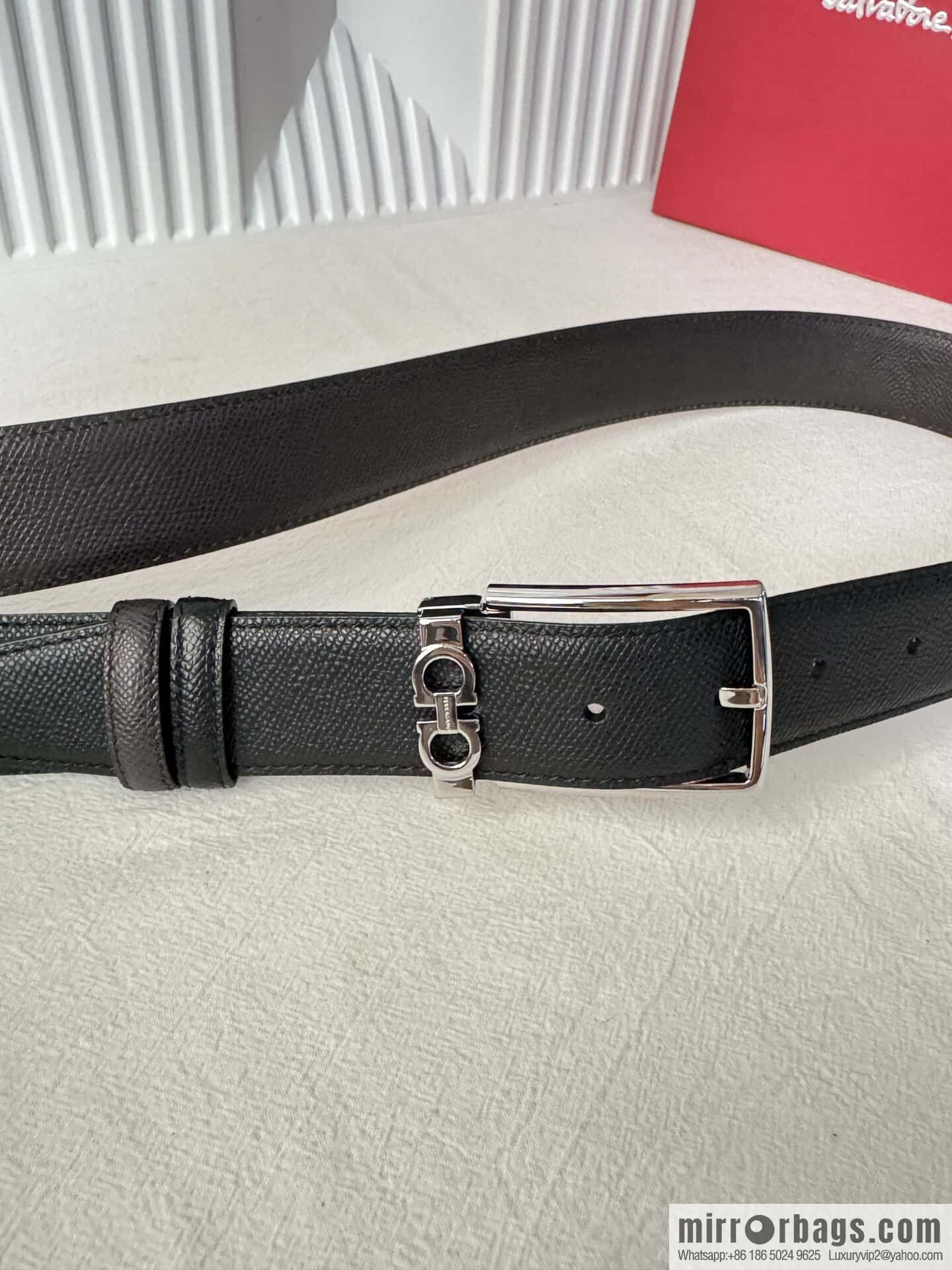 Ferragamo double-sided double-use imported cowhide cross texture, new logo pin-type metal buckle belt 3.5cm