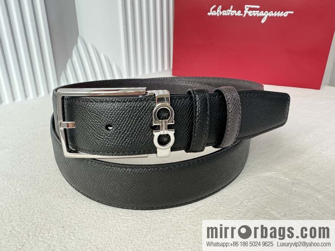 Ferragamo double-sided double-use imported cowhide cross texture, new logo pin-type metal buckle belt 3.5cm