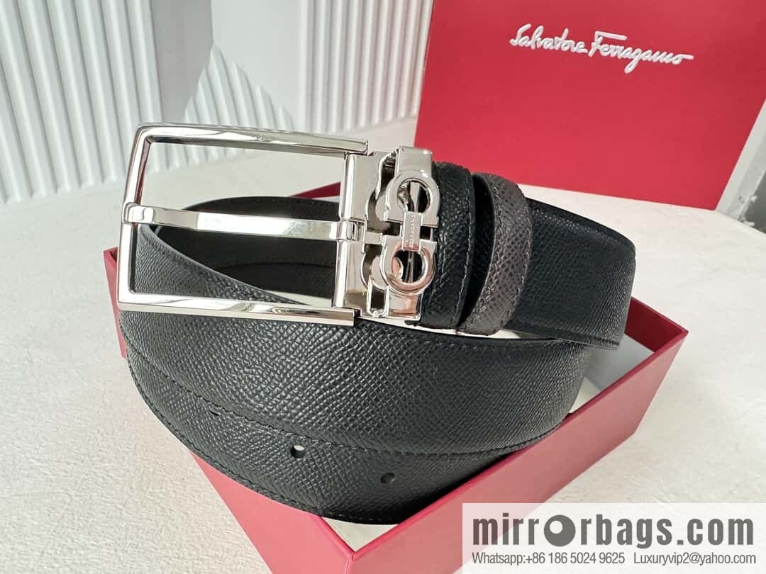 Ferragamo double-sided double-use imported cowhide cross texture, new logo pin-type metal buckle belt 3.5cm