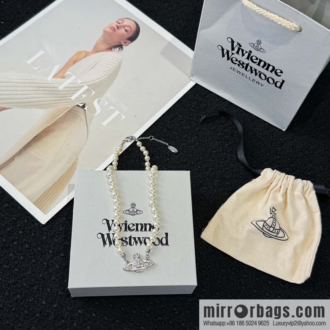 ❗️New ❗️ New ☑️ Vivienne Westwood Queen Mother Pin Full Diamond Saturn Pearl Necklace