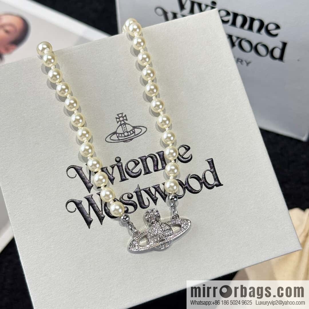 ❗️New ❗️ New ☑️ Vivienne Westwood Queen Mother Pin Full Diamond Saturn Pearl Necklace