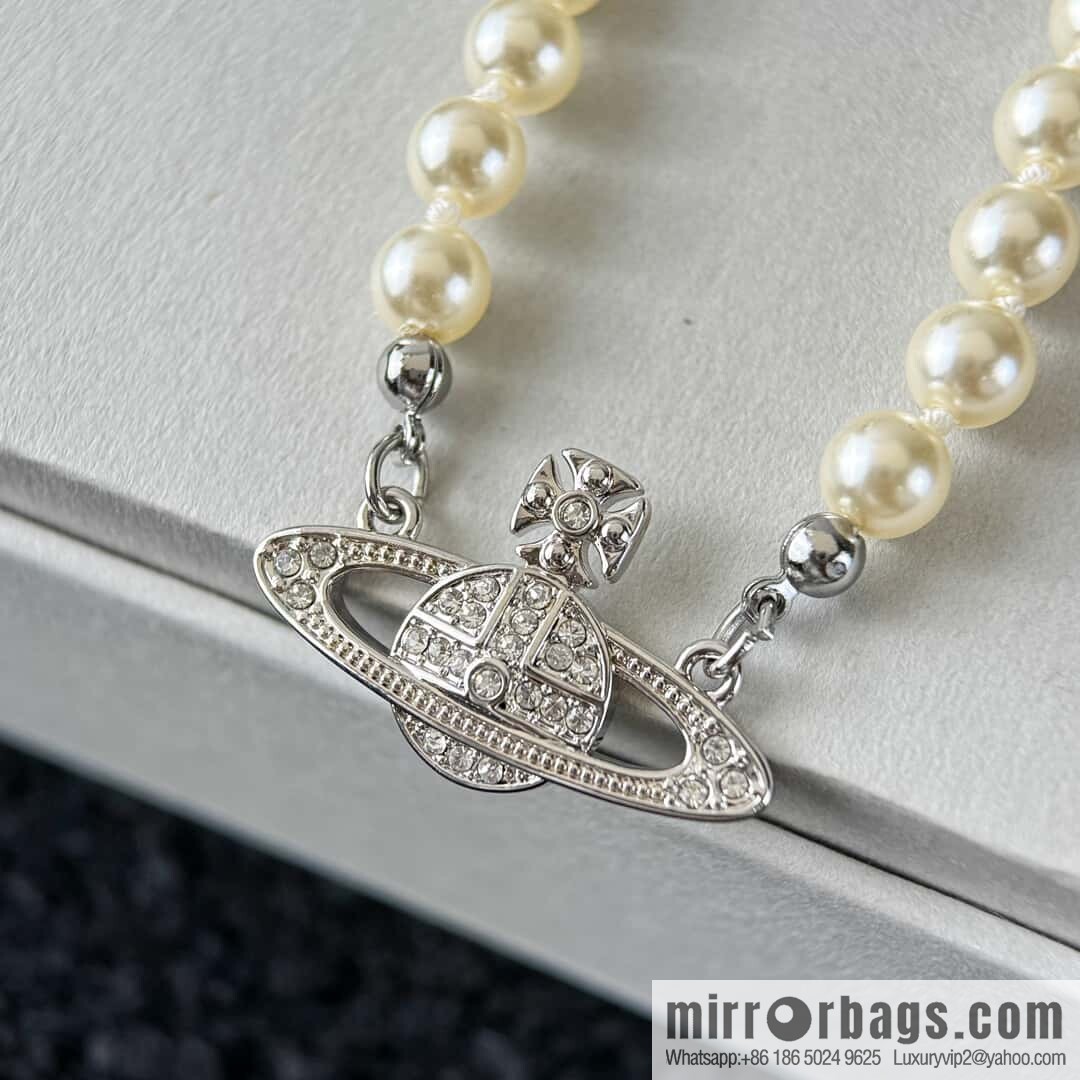 ❗️New ❗️ New ☑️ Vivienne Westwood Queen Mother Pin Full Diamond Saturn Pearl Necklace