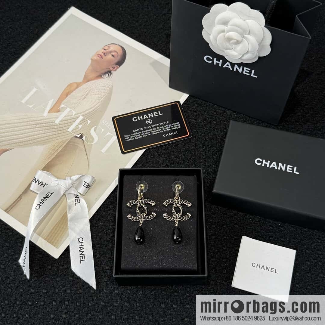 ❗️New ❗️☀️ New ☑️ Chanel c3 double c black pearl black leather rope stud earrings ☀️