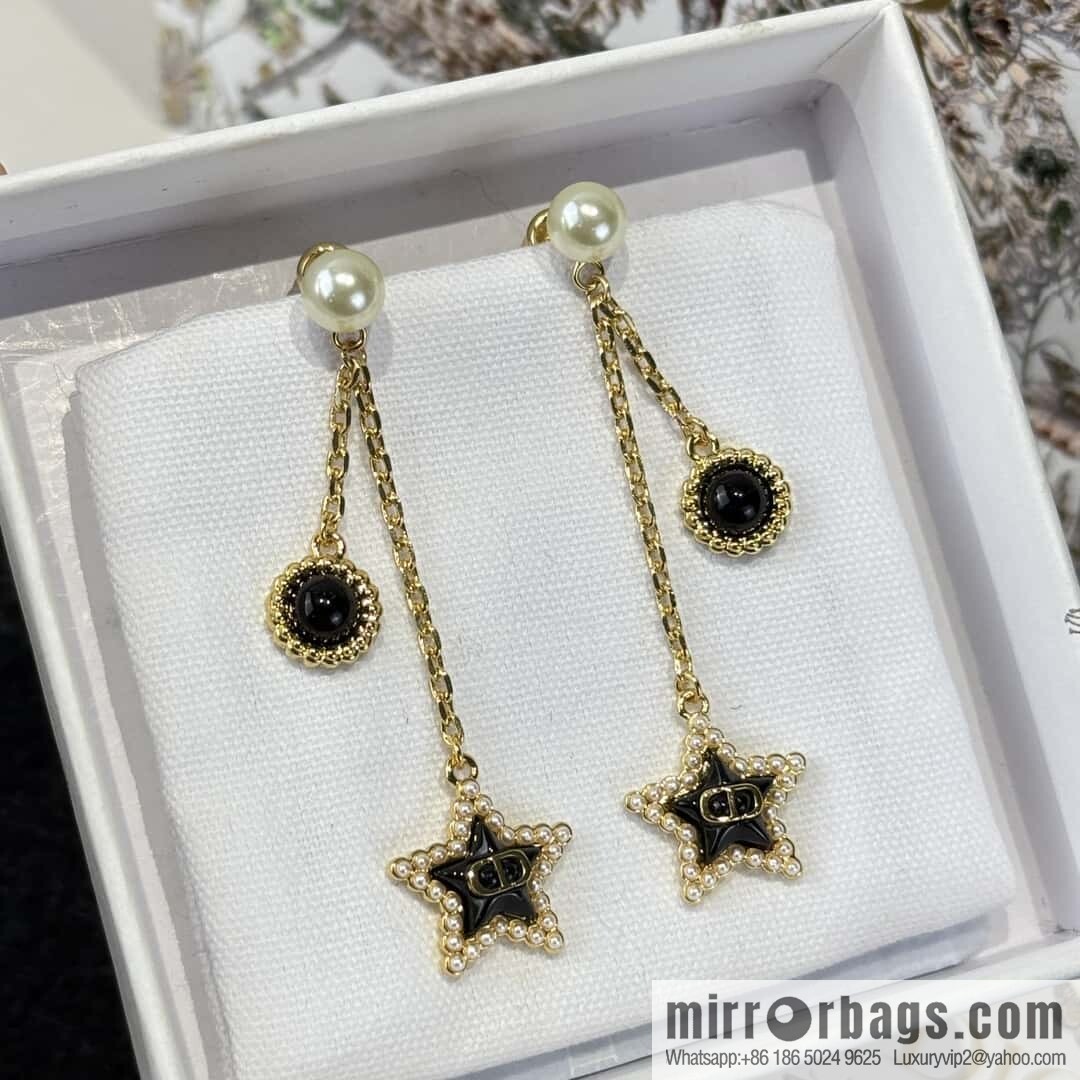 New ☑️ DIOR black star pearl tassel stud earrings